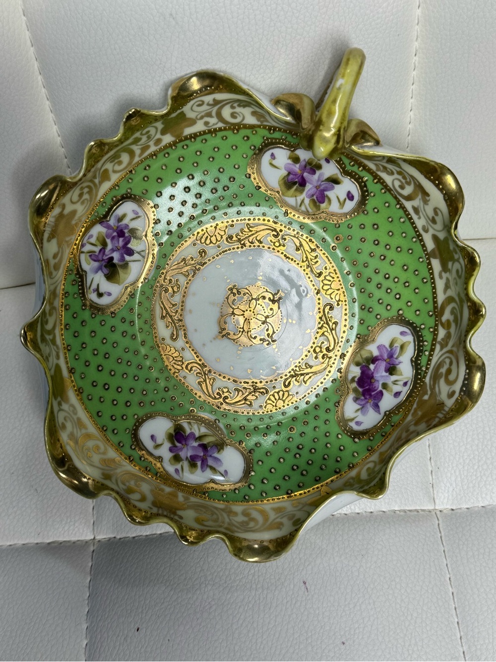Antique Nippon Hand Painted
Green and Gold Moriage
Porcelain Bowl with Handle